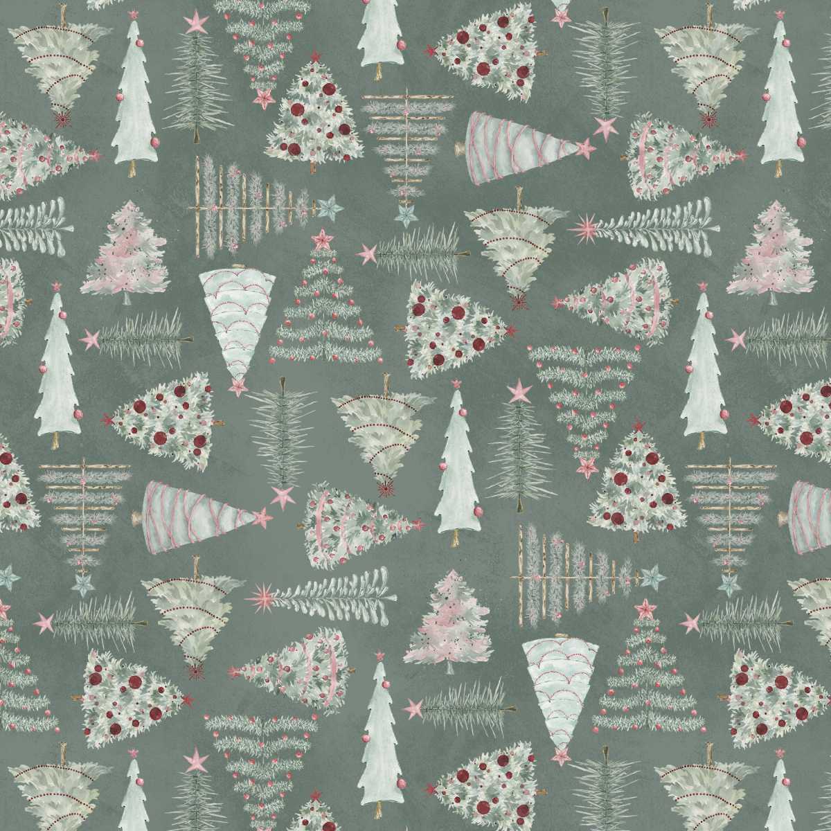 Pattern of Christmas trees and trees with lights on a green background