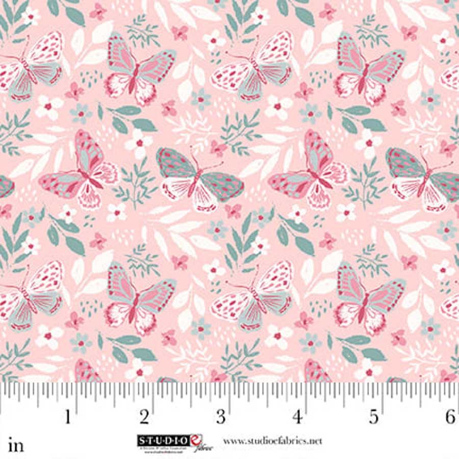 Fabric Studio E Light Pink/Green Butterflies Beautiful Bowquets by the Quarter Yard 8885-26
