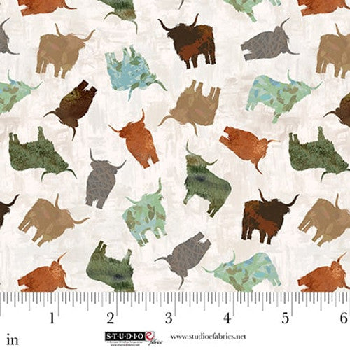 Fabric Studio E Multi Cow Silhouette Toss Highlander by the Quarter Yard 8618-63