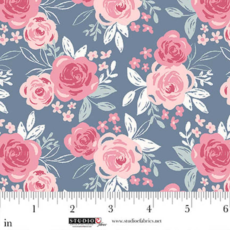 Fabric Studio E Navy/Multi Roses Beautiful Bowquets by the Quarter Yard 8883-72