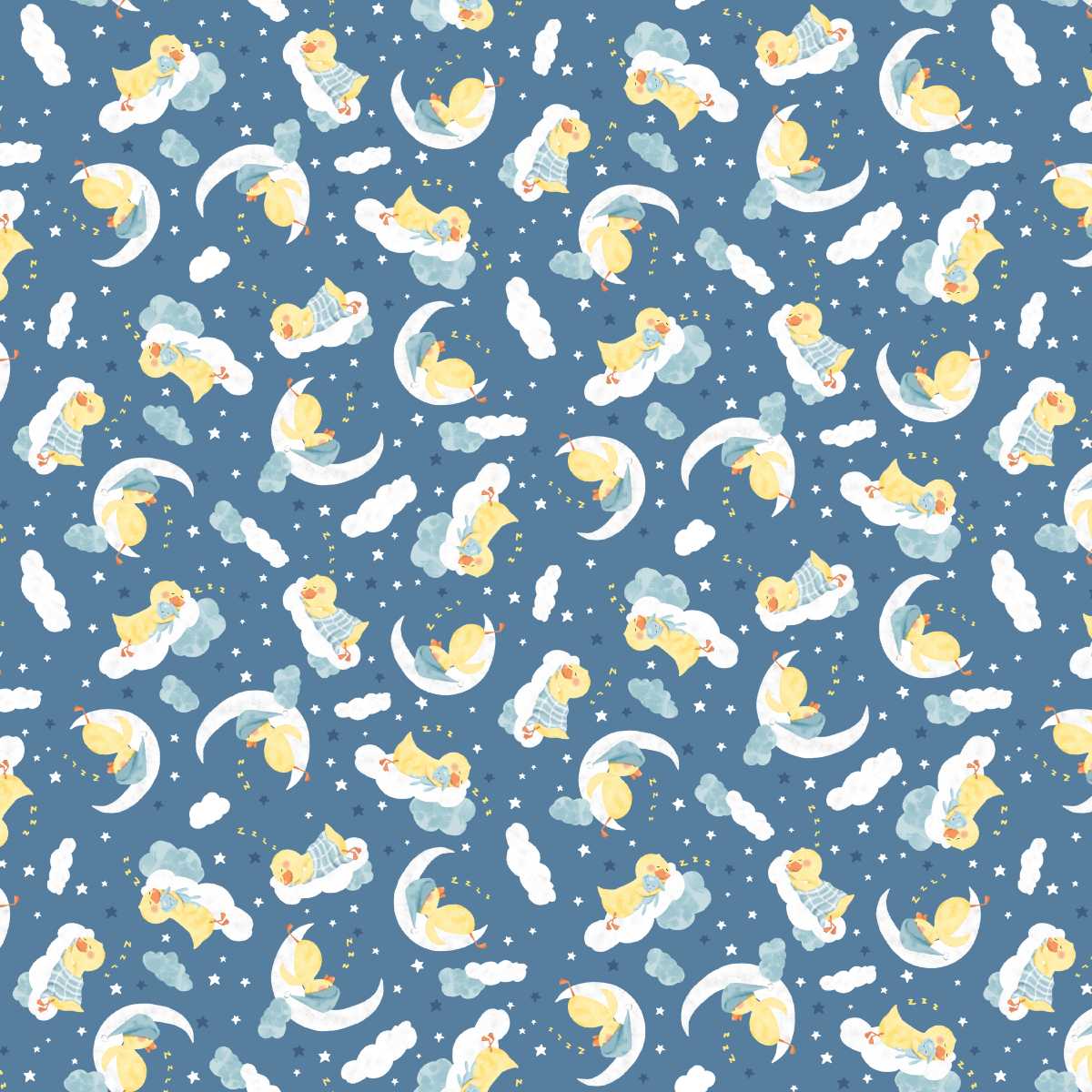 Pattern of cartoon baby characters on moons and clouds with stars on a blue background