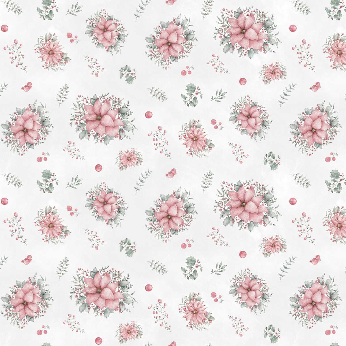 Pattern of pink flowers and green leaves on a white background