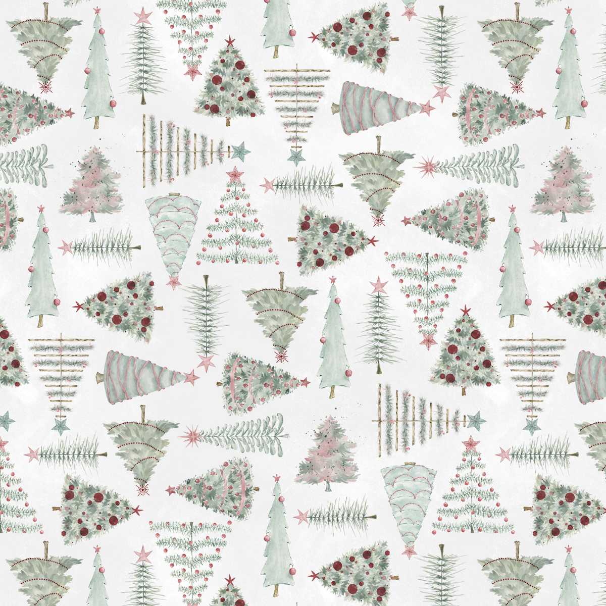 Pattern of Christmas trees with red berries and stars on a white background
