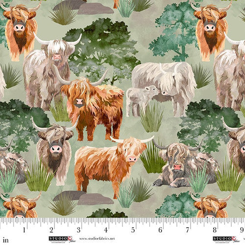 Fabric Studio E Sage Cows and Trees Highlander by the Quarter Yard 8616-61
