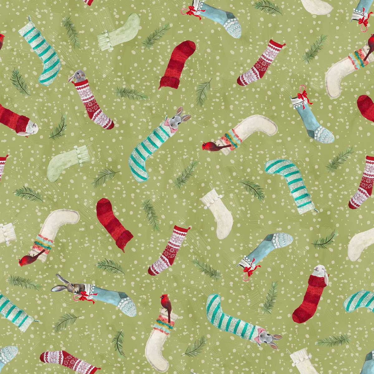 Pattern of colorful Christmas stockings and holly leaves on a green background