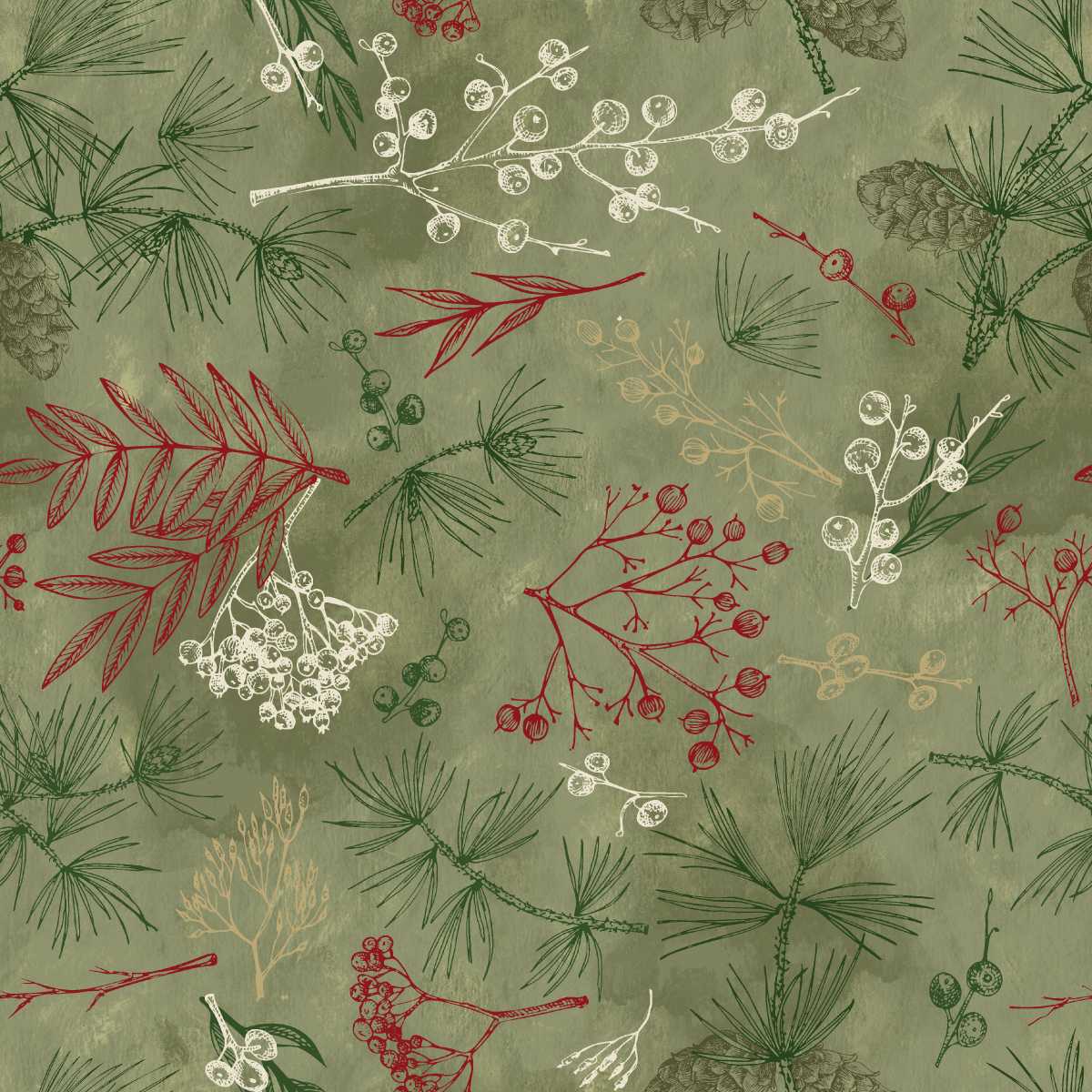 Fabric Studio E Sage Tree Bits Good Natured 108" Wide Back by the Quarter Yard 8857-61
