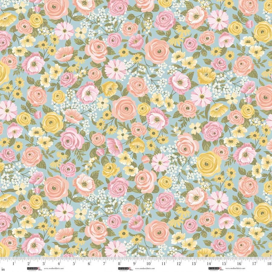 Fabric Studio E Serene Blue Multi Floral Layla by the Quarter Yard 9010-17