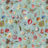 Pattern of colorful Christmas ornaments and foliage on a light blue background