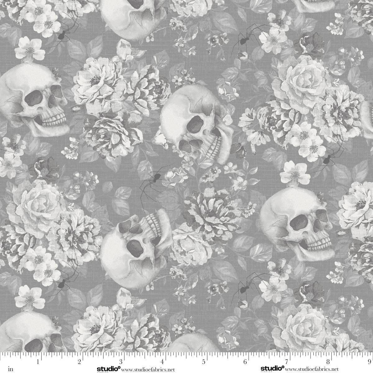 Fabric Studio E Storm Floral and Skull Toss Pretty Scary by the Quarter Yard 8946-93