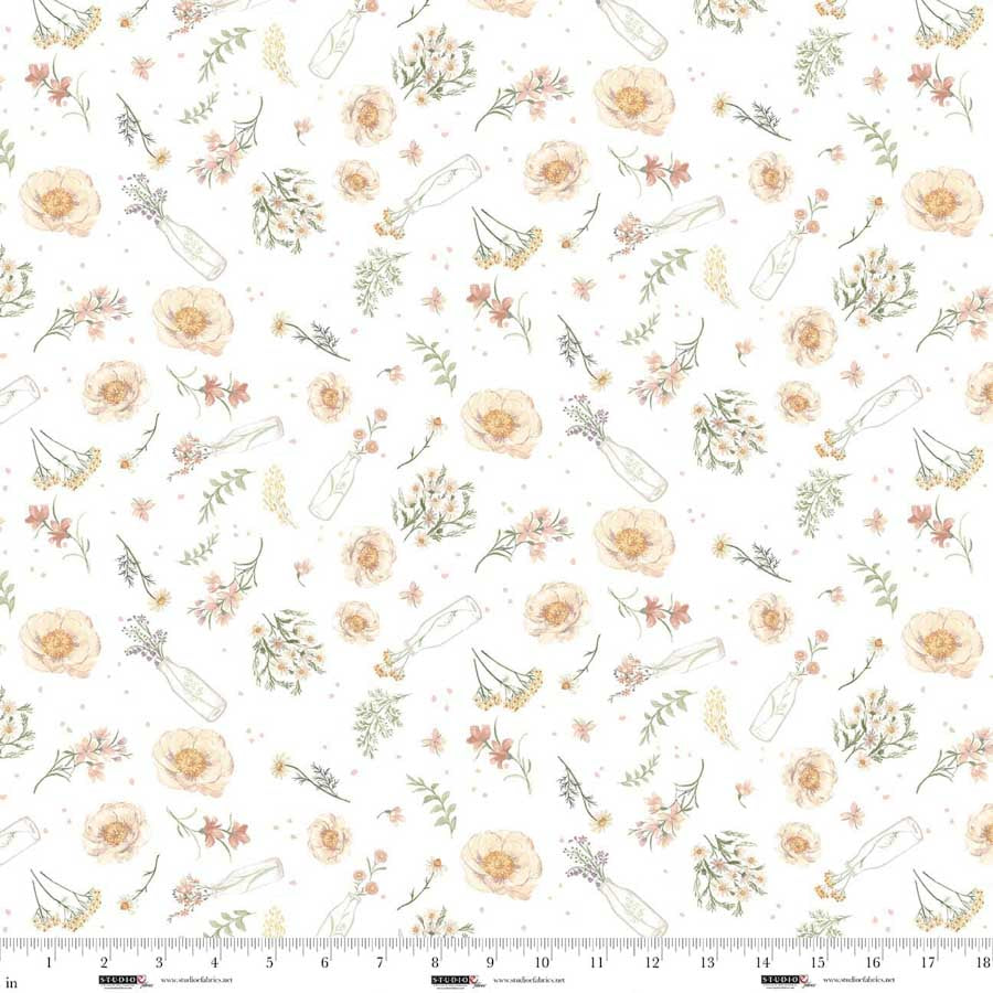 Fabric Studio E White Milk Bottle Florals Bathing Bonnies by the Quarter Yard 8852-01