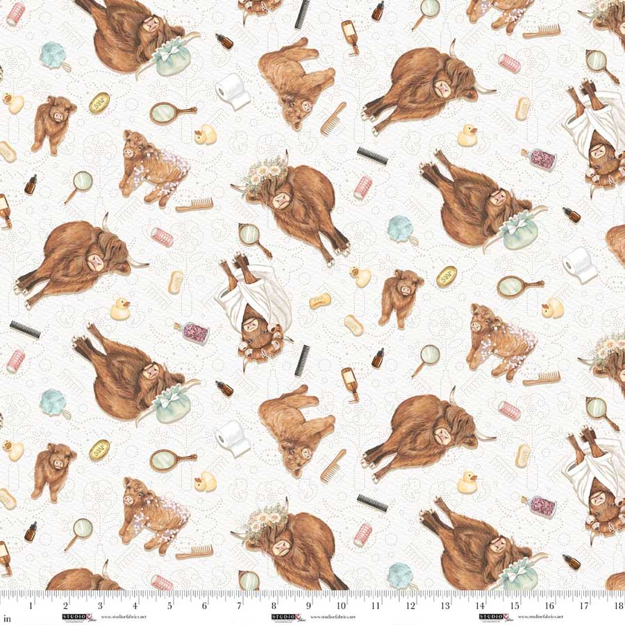 Fabric Studio E White/Mint Cow Toss Bathing Bonnies by the Quarter Yard 8844-06