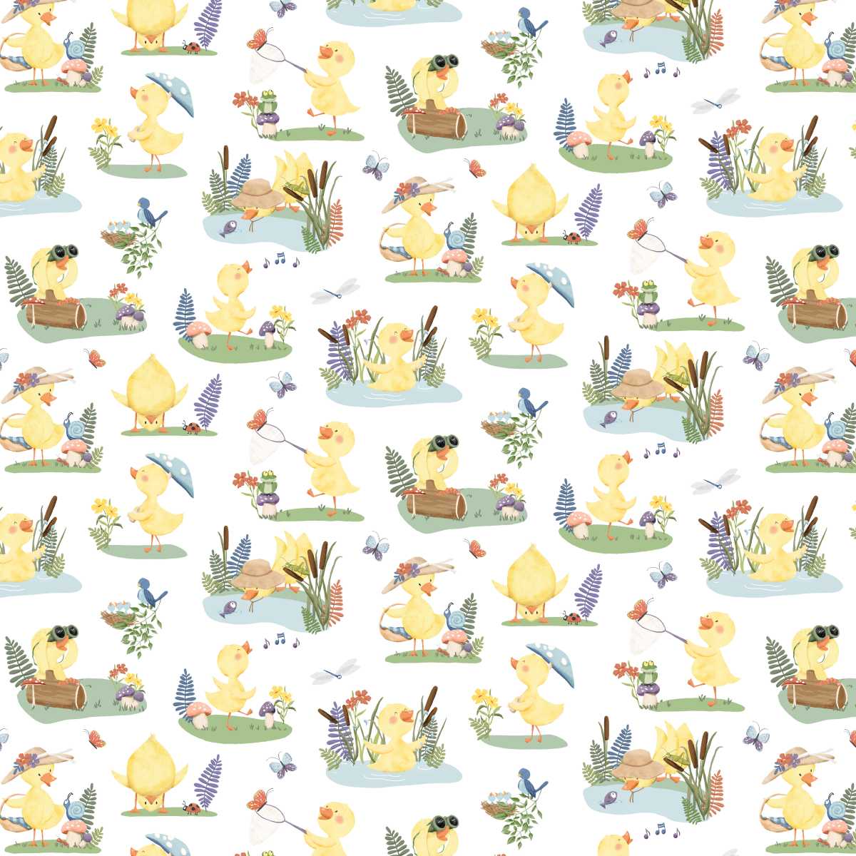 Pattern of yellow ducklings in various activities on a white background