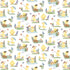 Pattern of yellow ducklings in various activities on a white background