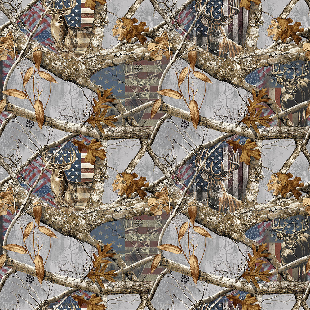 Fabric Sykel Enterprises Arctic Deer & Flag Realtree by the Quarter Yard 10451
