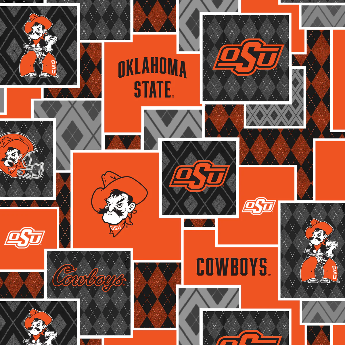 Fabric Sykel Enterprises Oklahoma State University Argyle Boxes by the Quarter Yard OSU1371