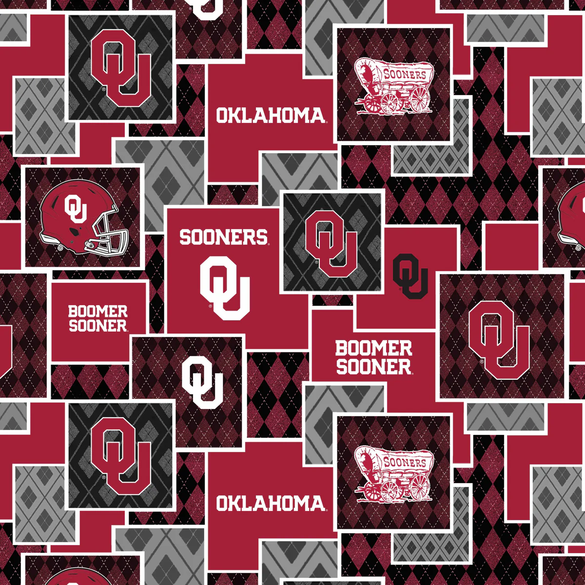 Fabric Sykel Enterprises Oklahoma University Argyle Boxes by the Quarter Yard OU1371