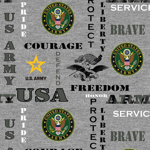 Fabric Sykel Enterprises U.S. Army Heather Print Logo by the Quarter Yard 1181A