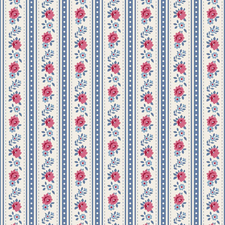 A repeating vertical stripe pattern featuring pink floral motifs with blue leaves and dots on cream and blue backgrounds.