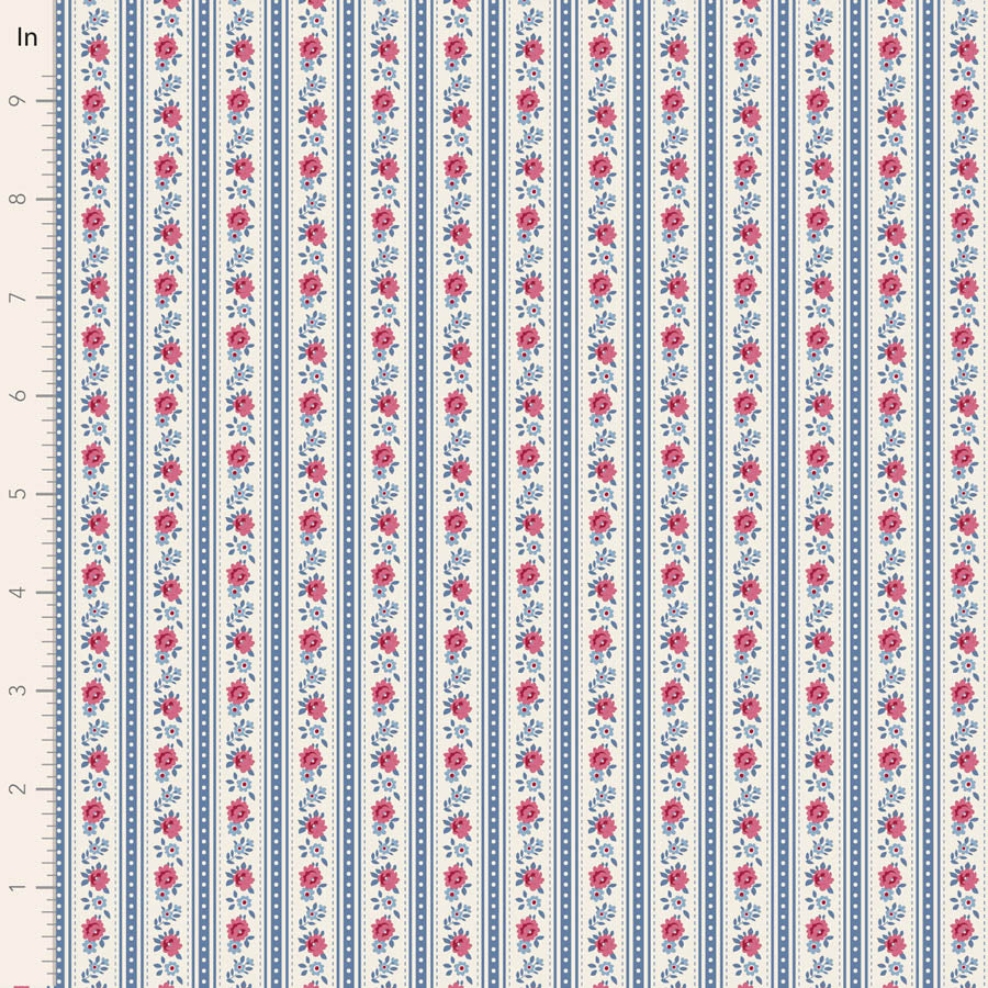 A close-up of a repeating floral fabric pattern with vertical stripes in blue, white, and pink, shown with a ruler on the left side for scale.