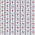 A repeating vertical stripe pattern featuring pink floral motifs with blue leaves and dots on cream and blue backgrounds.