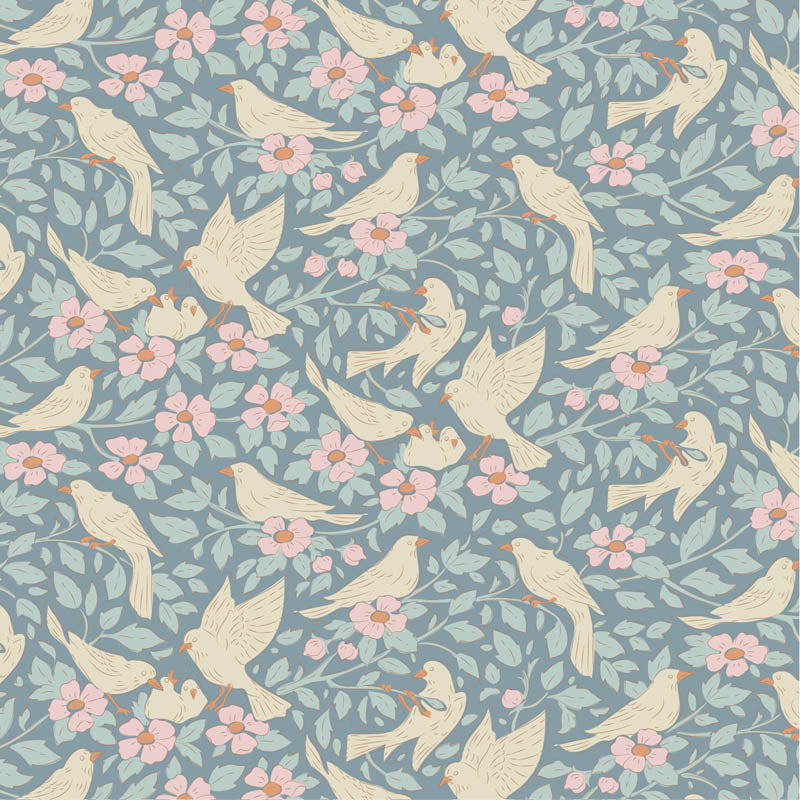 Fabric Tilda Blue Ava Songbird by the Quarter Yard TIL100651