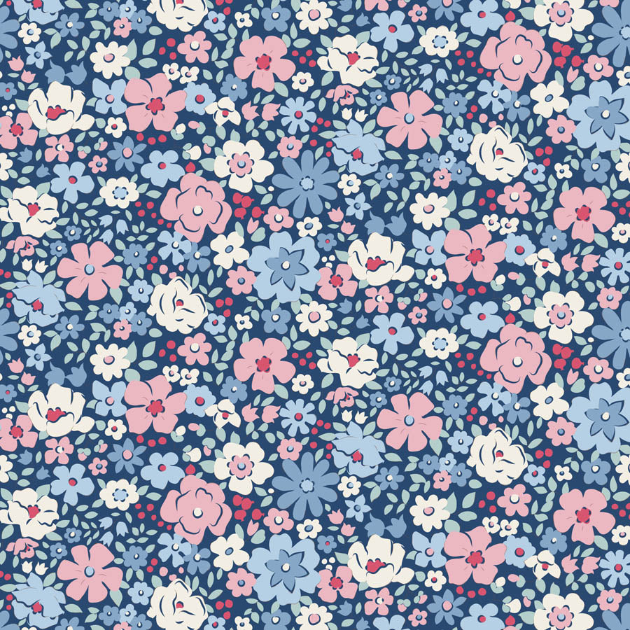 A dense, seamless floral pattern featuring stylized flowers in pink, light blue, and white on a dark navy blue background.
