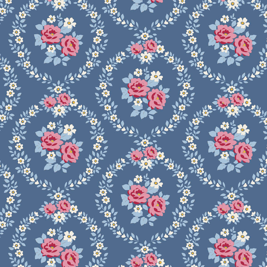 A repeating floral pattern on a muted blue background, featuring pink roses, small white flowers, and light blue leaves arranged in oval wreath-like motifs.