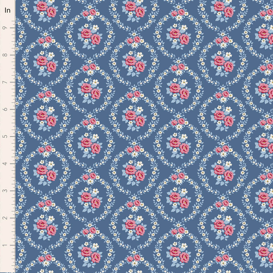 A close-up of a blue patterned fabric with a repeating floral design featuring pink roses, white daisies, and light blue leaves, shown with a white ruler on the left edge for scale.