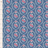 A close-up of a blue patterned fabric with a repeating floral design featuring pink roses, white daisies, and light blue leaves, shown with a white ruler on the left edge for scale.