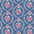 A repeating floral pattern on a muted blue background, featuring pink roses, small white flowers, and light blue leaves arranged in oval wreath-like motifs.