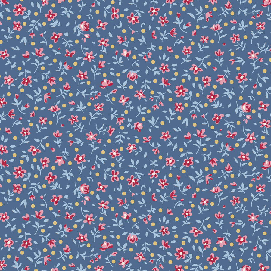 A repeating floral pattern on a dusty blue background, featuring small red and pink flowers with light blue leaves and scattered yellow polka dots.