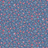 A repeating floral pattern on a dusty blue background, featuring small red and pink flowers with light blue leaves and scattered yellow polka dots.
