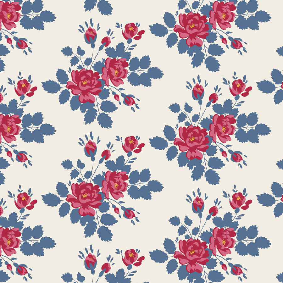 A repeating floral pattern featuring large pink-red roses and blue leaves on a warm off-white background.