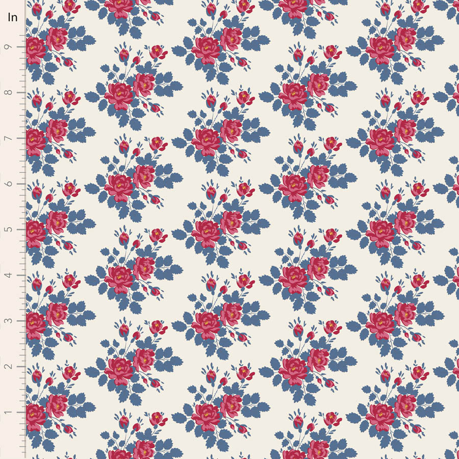 A close-up of a floral fabric pattern with repeating pink roses and blue leaves on an off-white background, shown with a measurement ruler along the left edge.