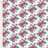 A close-up of a floral fabric pattern with repeating pink roses and blue leaves on an off-white background, shown with a measurement ruler along the left edge.