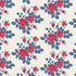 A repeating floral pattern featuring large pink-red roses and blue leaves on a warm off-white background.