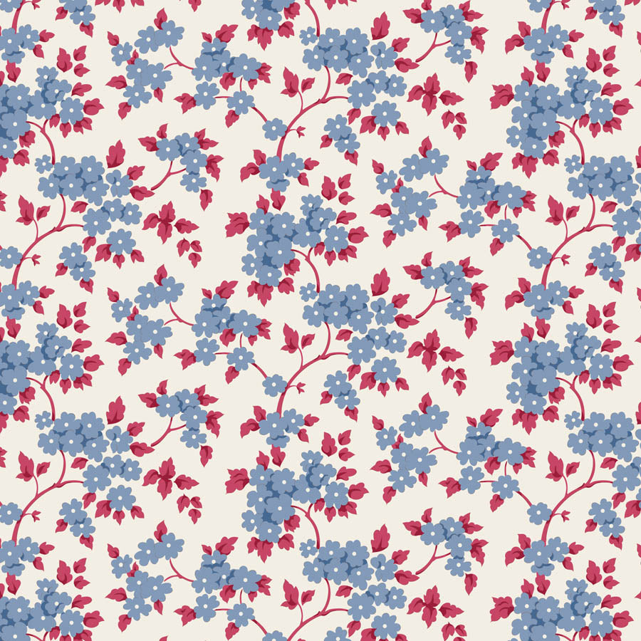 A repeating floral pattern featuring light blue flowers and dark red leaves on thin reddish stems over a warm off-white background.