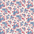 A repeating floral pattern featuring light blue flowers and dark red leaves on thin reddish stems over a warm off-white background.