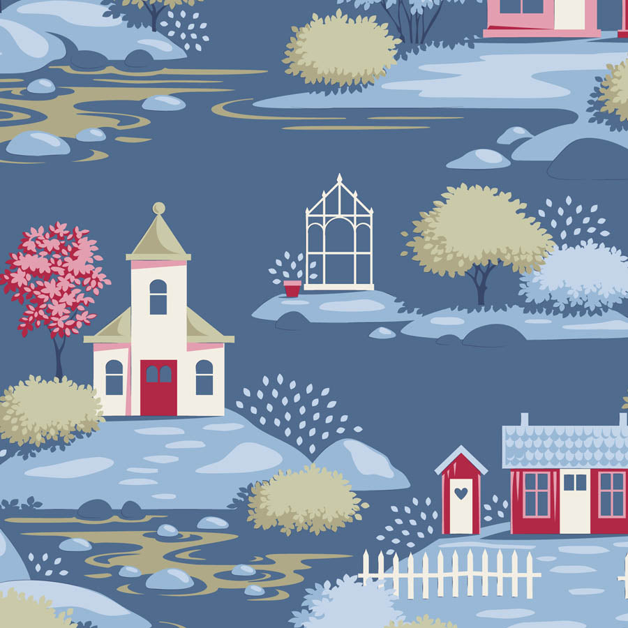 A repeating winter village pattern featuring a cream church with a red door, a red-pink house, a white gazebo, beige trees, and snowy ground on a muted blue background.
