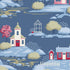 A repeating winter village pattern featuring a cream church with a red door, a red-pink house, a white gazebo, beige trees, and snowy ground on a muted blue background.