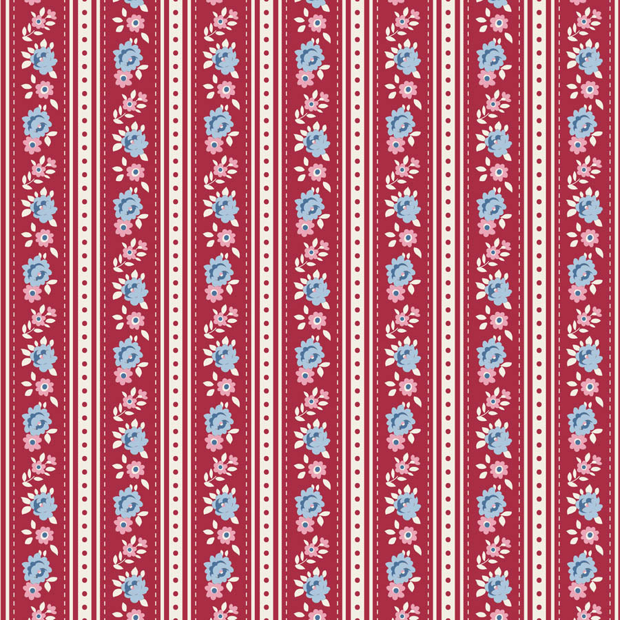 A repeating vertical stripe pattern featuring light blue and pink floral motifs on a red background, with cream dotted and solid stripes.