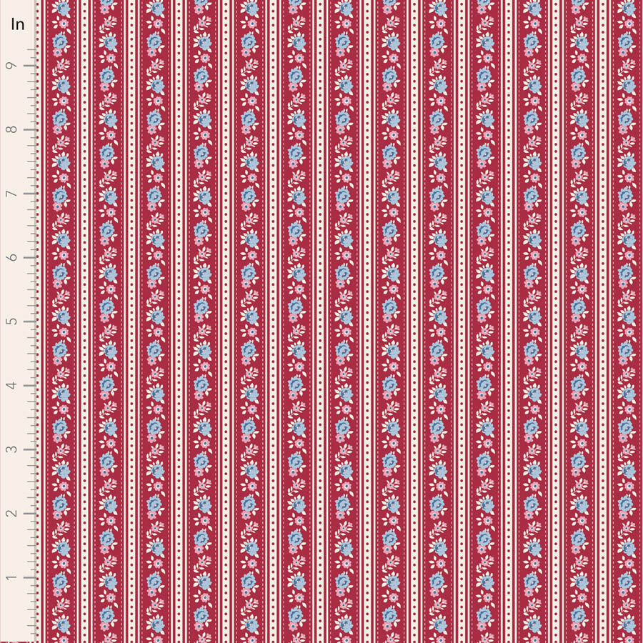 Red and white striped fabric with a repeating light blue floral pattern, shown with a white measurement ruler along the left edge.