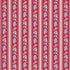 A repeating vertical stripe pattern featuring light blue and pink floral motifs on a red background, with cream dotted and solid stripes.