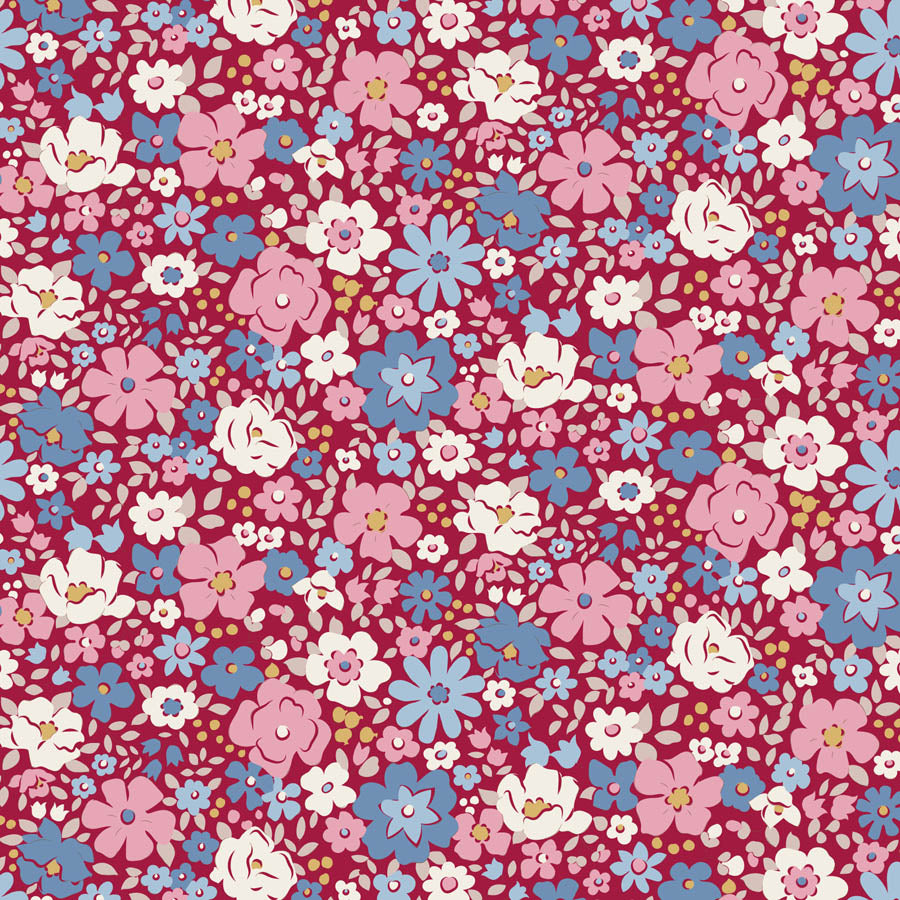 A dense, seamless floral pattern featuring pink, light blue, and white flowers with yellow centers on a deep magenta background.