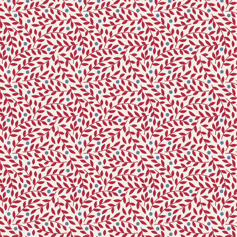 A repeating botanical pattern featuring red leafy branches and small blue dots on a warm off-white background.