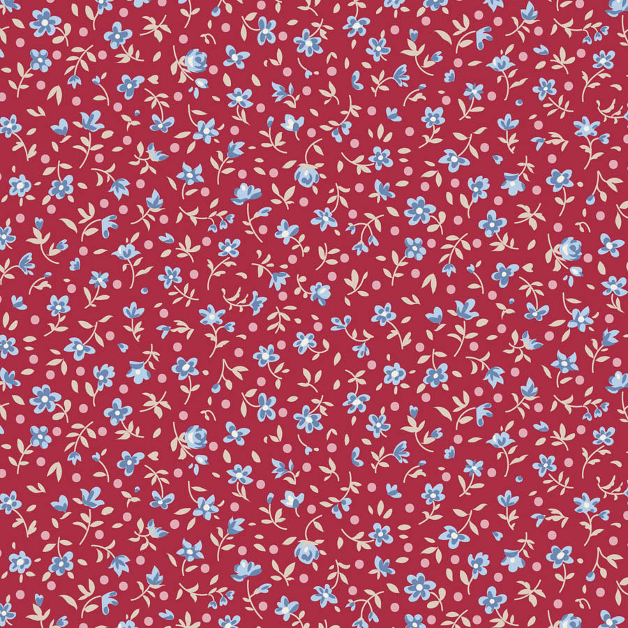 A repeating floral pattern featuring small light blue flowers and pale beige leaves on a muted red background.