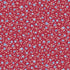 A repeating floral pattern featuring small light blue flowers and pale beige leaves on a muted red background.