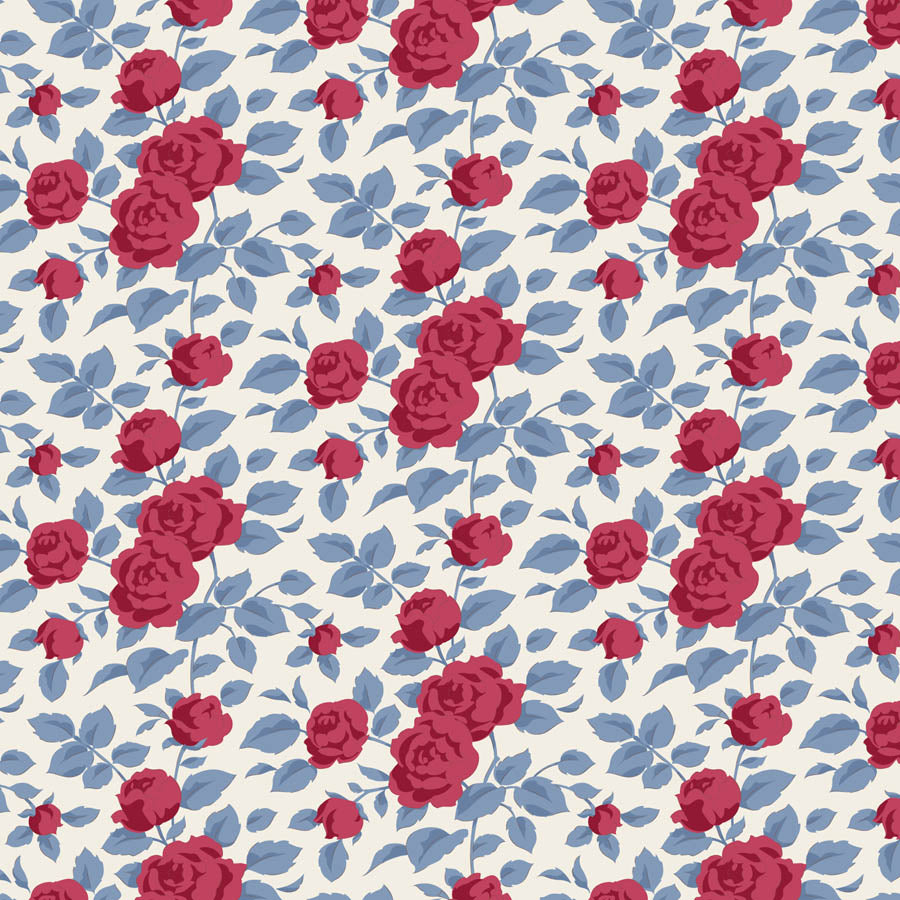 A repeating floral pattern featuring red roses and blue-gray leaves on a warm off-white background.