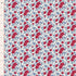 A close-up of a fabric pattern featuring red roses and blue leaves on a white background, with a measuring ruler visible along the left edge.