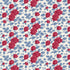 A repeating floral pattern featuring red roses and blue-gray leaves on a warm off-white background.
